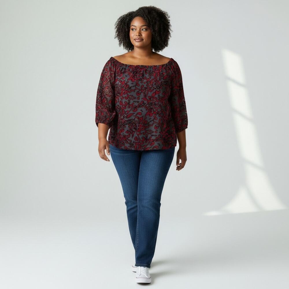Chicos Black Red Floral Top 1 Petite Rayon Blend Lightweight Pullover MEDIUM